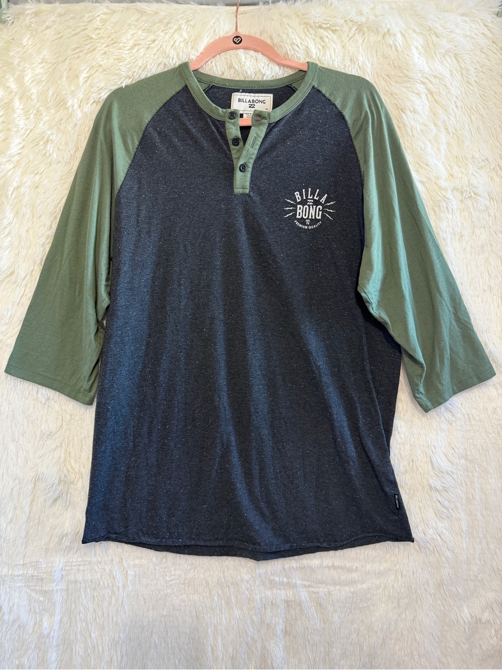 Billabong Mens Raglan 3/4 Sleeve Henley Tee Size XL Grey Green Skater Streetwear